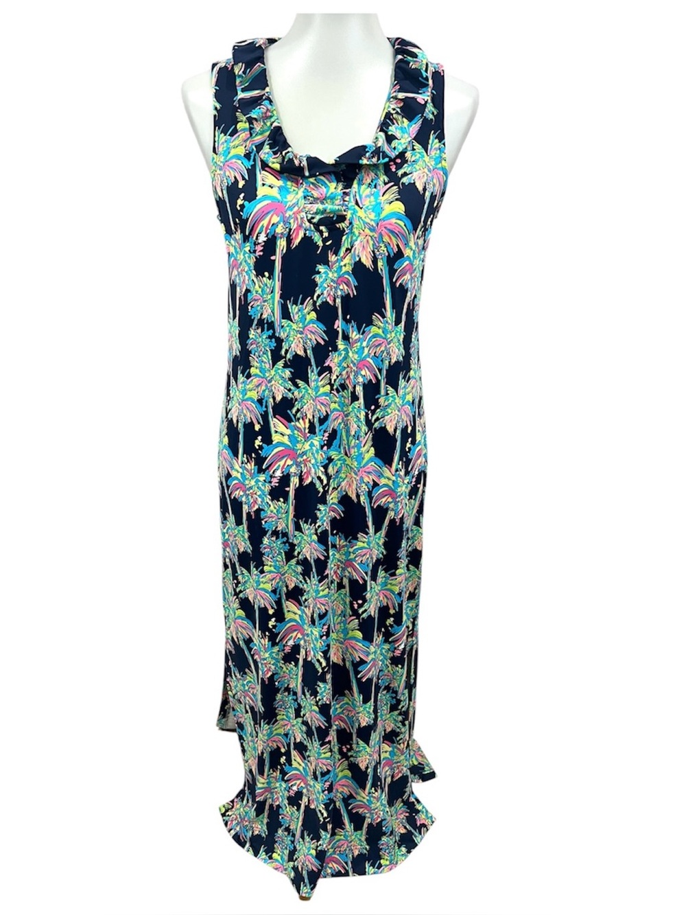 Lulu B Florescent Tropical Palm Tree Ruffle Neck Cooling UPF 50+ Maxi Dress